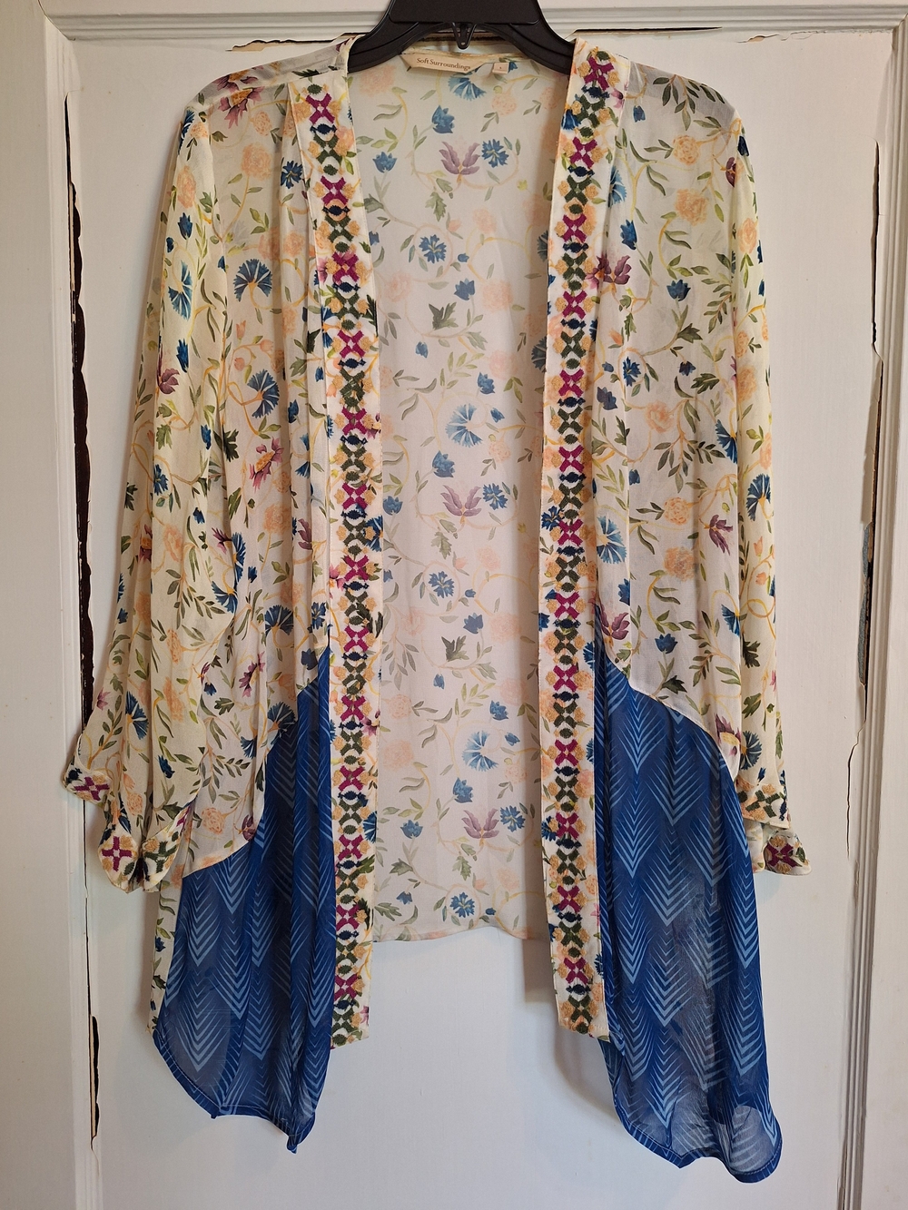 Soft Surroundings Sheer Floral Embroidered Topper Kimono Open Front Sz L Boho
